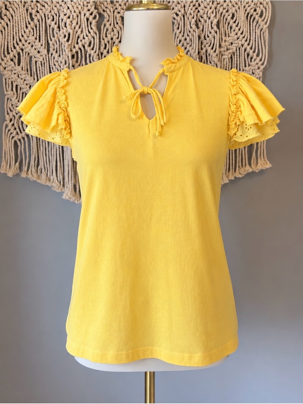 Chaps Yellow Ruffle Tie-Neck Short Sleeve Top